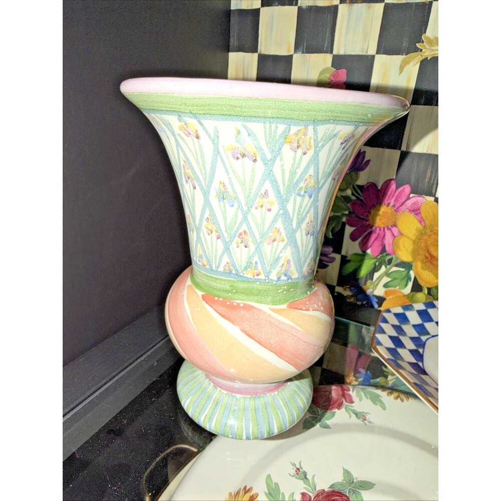 Mckenzie Child 7" Vase Hand Painted Pastel Bearded Iris Pattern 1992